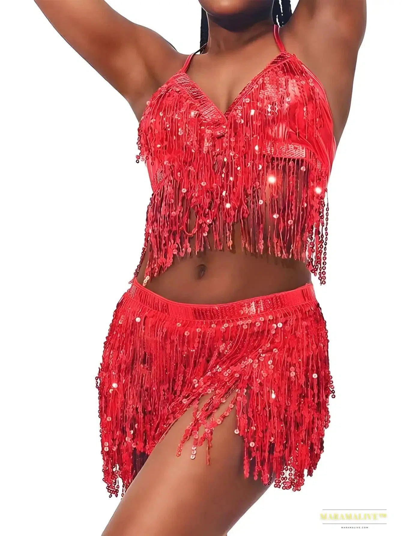 Luxury Gothic fashion Vibrant Sequin Belly Dance Costume Set - Stunning 4 Layer Tassel Halter Top, Skirt, and Belt