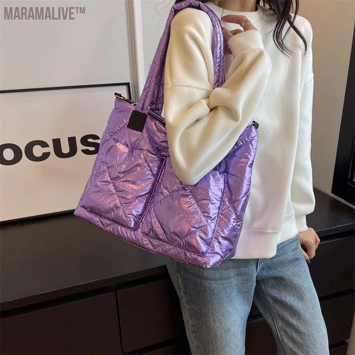 Luxury Purple Design Padded Bag For Women 2023 New Winter Cotton Space Handbag Shoulder Bag Female Large Messenger Tote Bag