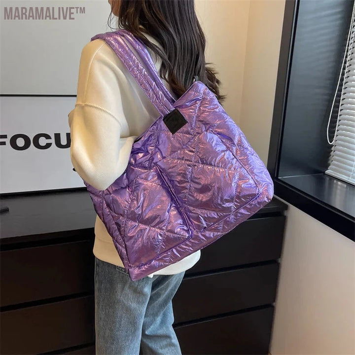 Luxury Purple Design Padded Bag For Women 2023 New Winter Cotton Space Handbag Shoulder Bag Female Large Messenger Tote Bag