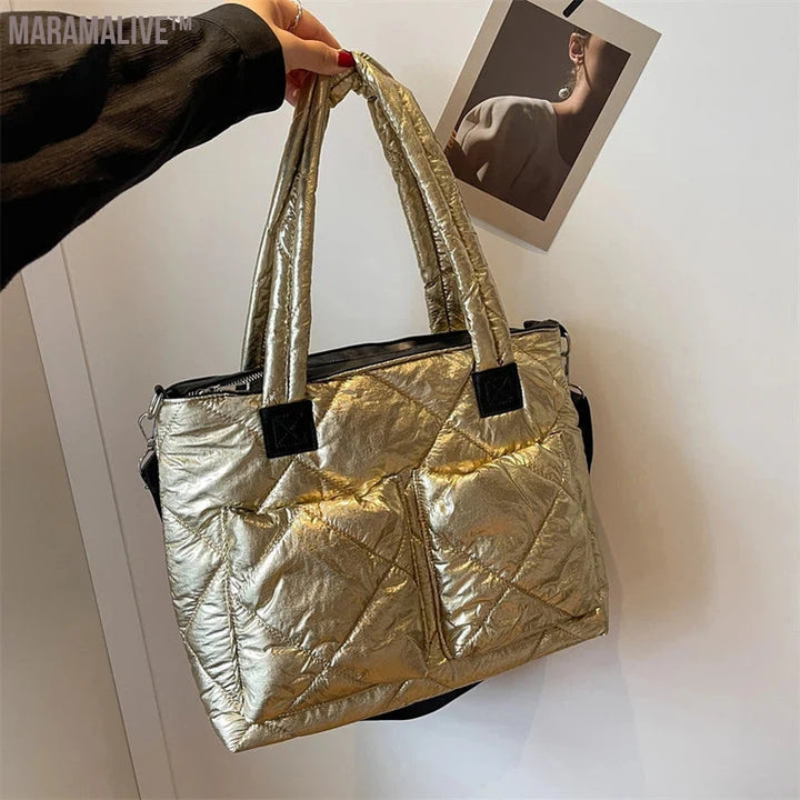 Luxury Purple Design Padded Bag For Women 2023 New Winter Cotton Space Handbag Shoulder Bag Female Large Messenger Tote Bag