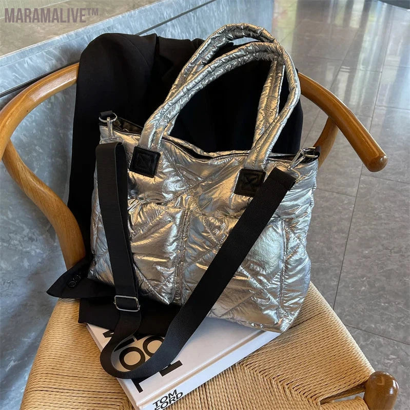 Luxury Purple Design Padded Bag For Women 2023 New Winter Cotton Space Handbag Shoulder Bag Female Large Messenger Tote Bag