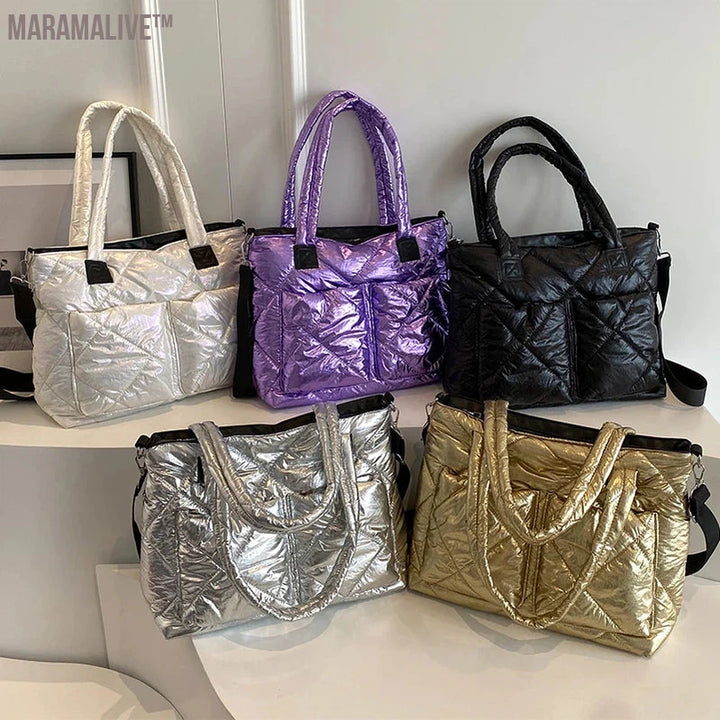 Luxury Purple Design Padded Bag For Women 2023 New Winter Cotton Space Handbag Shoulder Bag Female Large Messenger Tote Bag