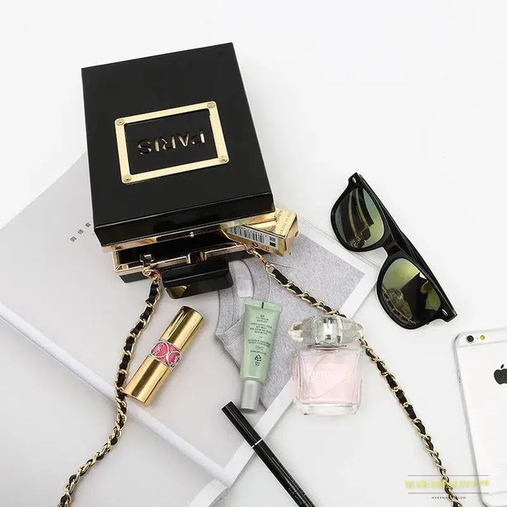 Luxury Transparent Perfume Bottle Clutch Bag - Acrylic Square Gothic Dinner Party Handbag with Leather Chain Strap