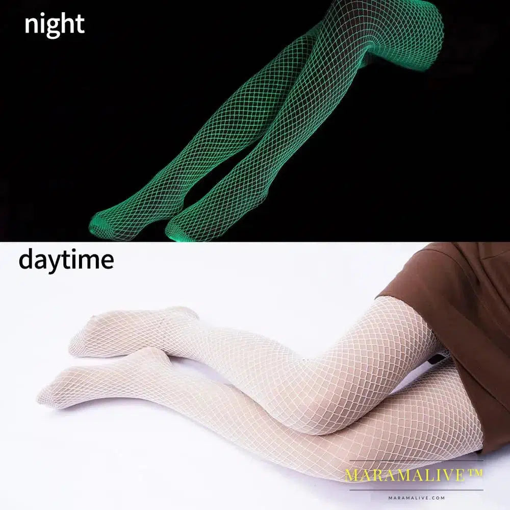 Magical Luminous Stockings Super Elastic Plus Size White Mesh Tights Pole Dance Fancy Crotchless Pantyhose Glowing Fishnet Socks