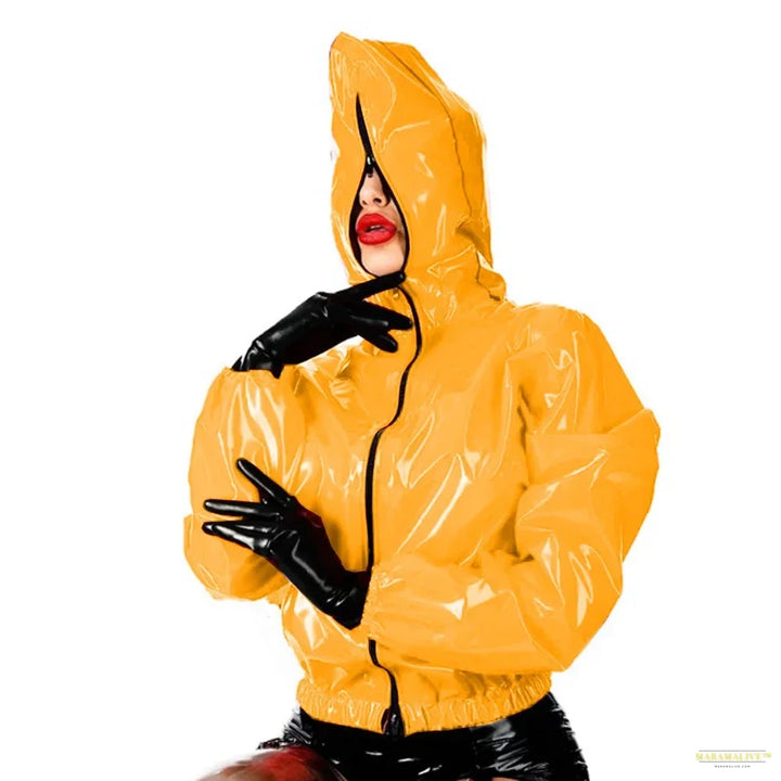 Maramalive Faux Leather PVC Hoodie: Casual College Jacket with Zipper Punk Style Long Sleeve Top for Men and Women Plus Size Latex Rubber