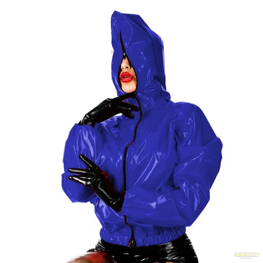 Maramalive Faux Leather PVC Hoodie: Casual College Jacket with Zipper Punk Style Long Sleeve Top for Men and Women Plus Size Latex Rubber