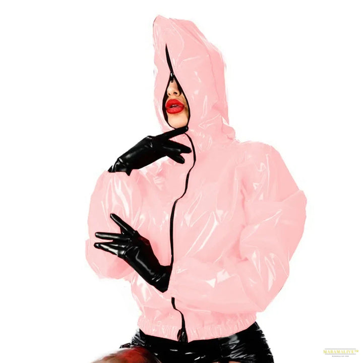 Maramalive Faux Leather PVC Hoodie: Casual College Jacket with Zipper Punk Style Long Sleeve Top for Men and Women Plus Size Latex Rubber