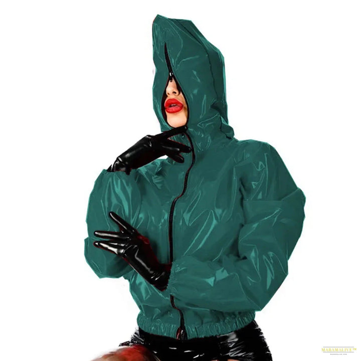 Maramalive Faux Leather PVC Hoodie: Casual College Jacket with Zipper Punk Style Long Sleeve Top for Men and Women Plus Size Latex Rubber