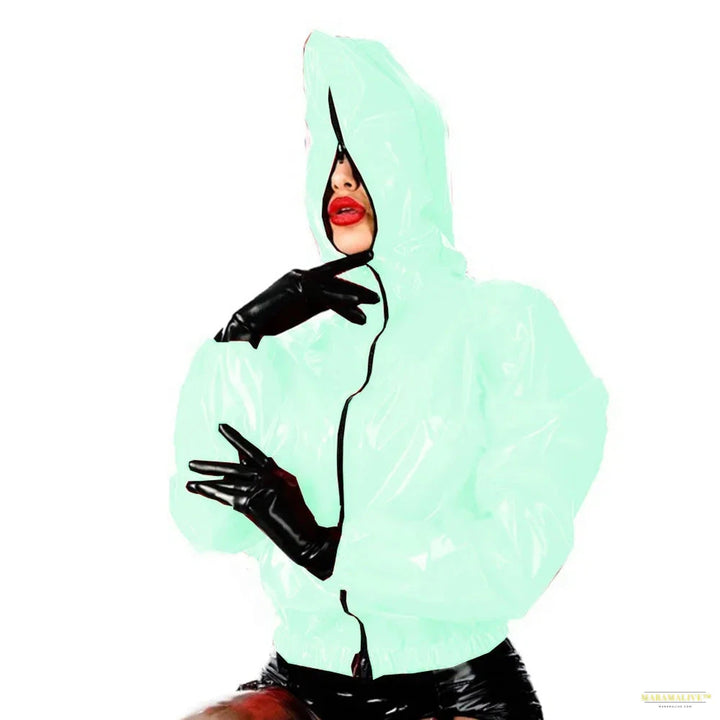 Maramalive Faux Leather PVC Hoodie: Casual College Jacket with Zipper Punk Style Long Sleeve Top for Men and Women Plus Size Latex Rubber