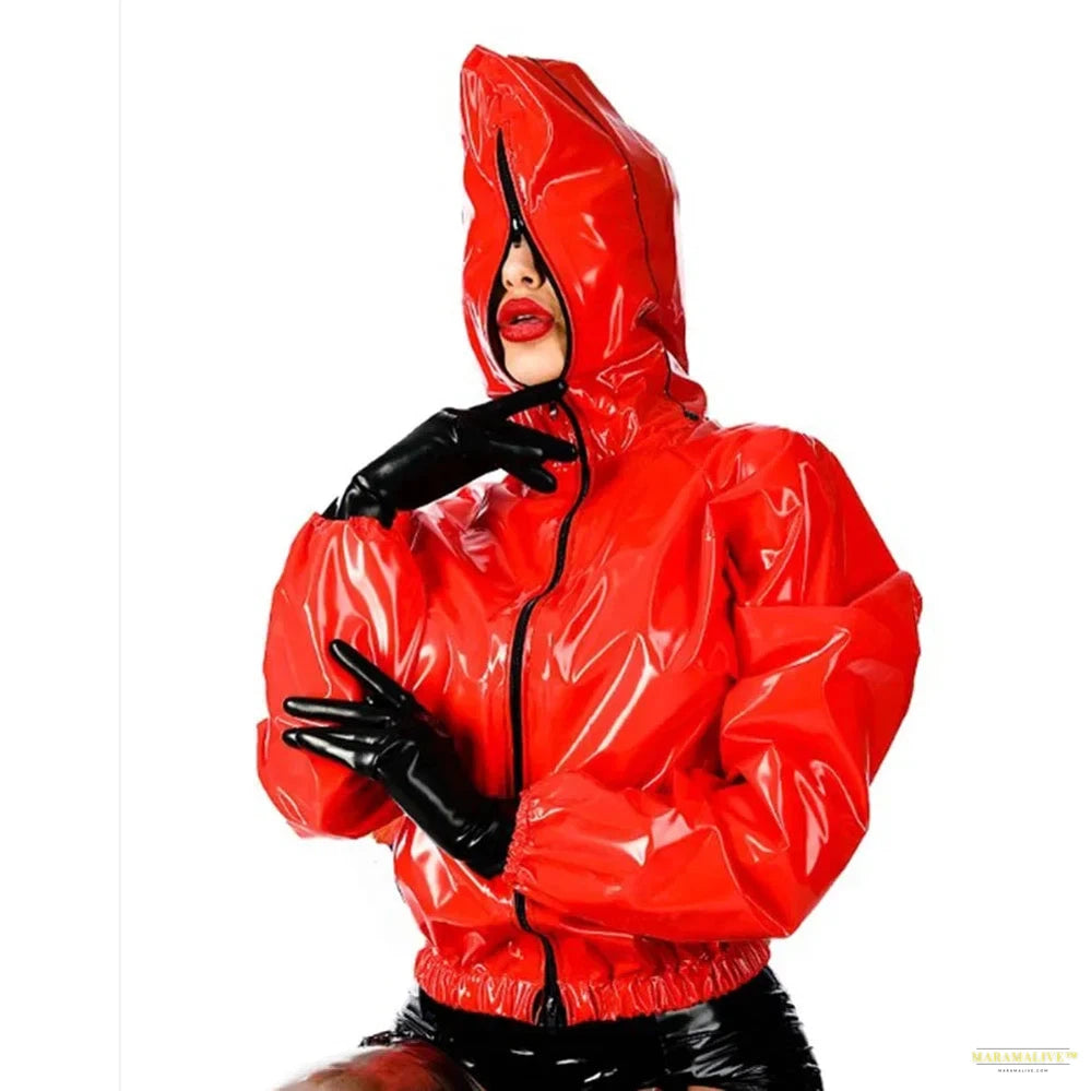 Maramalive Faux Leather PVC Hoodie: Casual College Jacket with Zipper Punk Style Long Sleeve Top for Men and Women Plus Size Latex Rubber