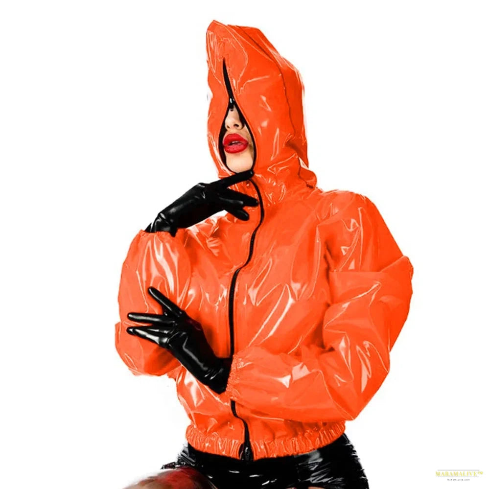 Maramalive Faux Leather PVC Hoodie: Casual College Jacket with Zipper Punk Style Long Sleeve Top for Men and Women Plus Size Latex Rubber