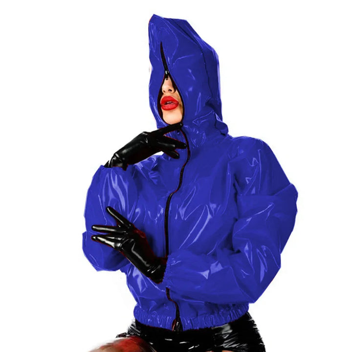 Maramalive Faux Leather PVC Hoodie: Casual Punk Style Long Sleeve Top for College with Zipper Closure Plus Size Latex Rubber