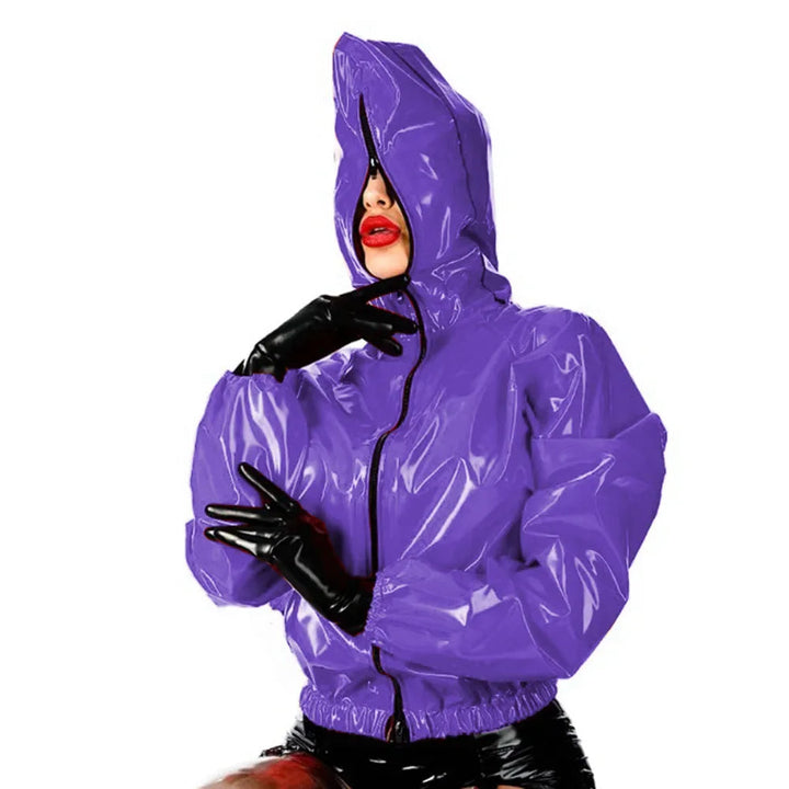 Maramalive Faux Leather PVC Hoodie: Casual Punk Style Long Sleeve Top for College with Zipper Closure Plus Size Latex Rubber