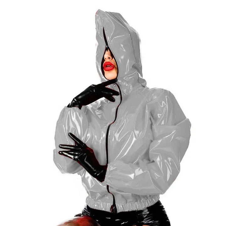 Maramalive Faux Leather PVC Hoodie: Casual Punk Style Long Sleeve Top for College with Zipper and Eye Catching Design