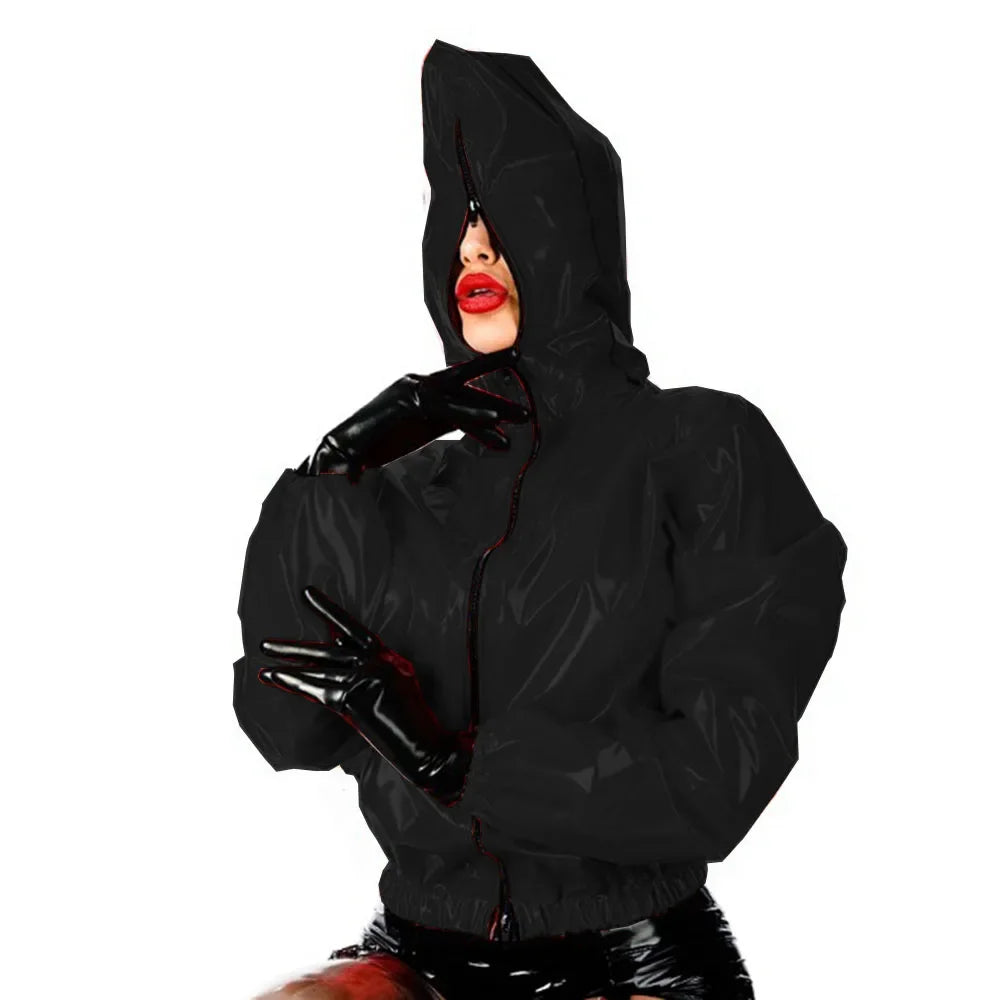 Maramalive Faux Leather PVC Hoodie: Casual Punk Style Long Sleeve Top for College with Zipper and Eye Catching Design