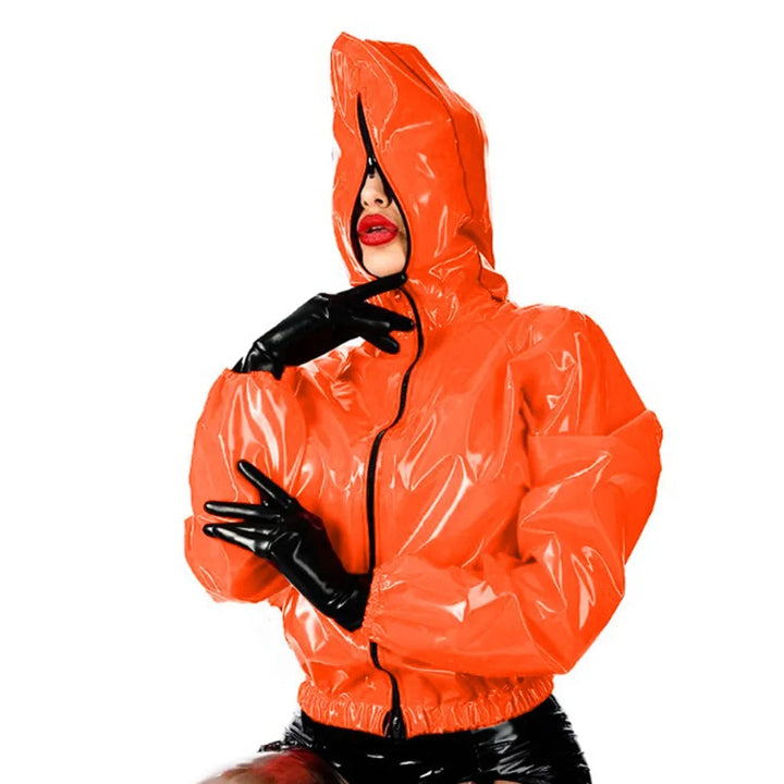 Maramalive Faux Leather PVC Hoodie: Casual Punk Style Long Sleeve Top for College with Zipper and Eye Catching Design