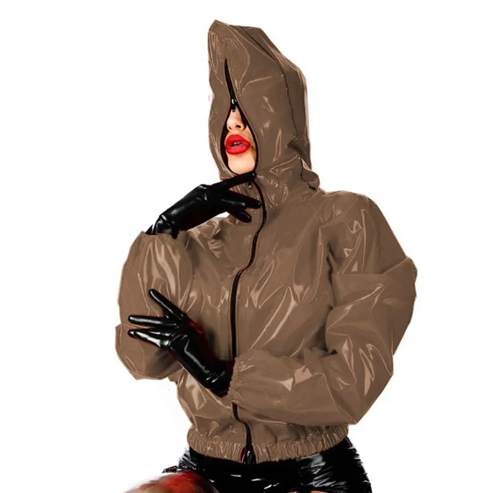 Maramalive Faux Leather PVC Hoodie: Casual Zipper Punk Style Long Sleeve Top for College and Fashion Size Plus Rubber Top