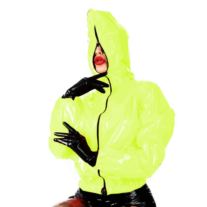 Maramalive Faux Leather PVC Hoodie: Casual Zipper Punk Style Long Sleeve Top for College and Fashion Size Plus Rubber Top