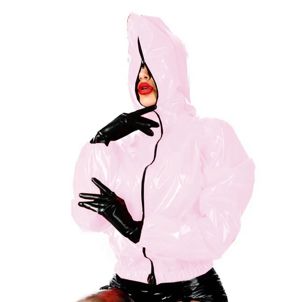 Maramalive Faux Leather PVC Hoodie Casual Zipper Punk Style Long Sleeve Top for College and Outwear Rubber Material Plus Size