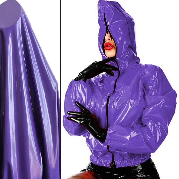 Maramalive Faux Leather PVC Hoodie: Casual Zippered Punk Style Long Sleeve Top for College and Fashion Size Plus Rubber