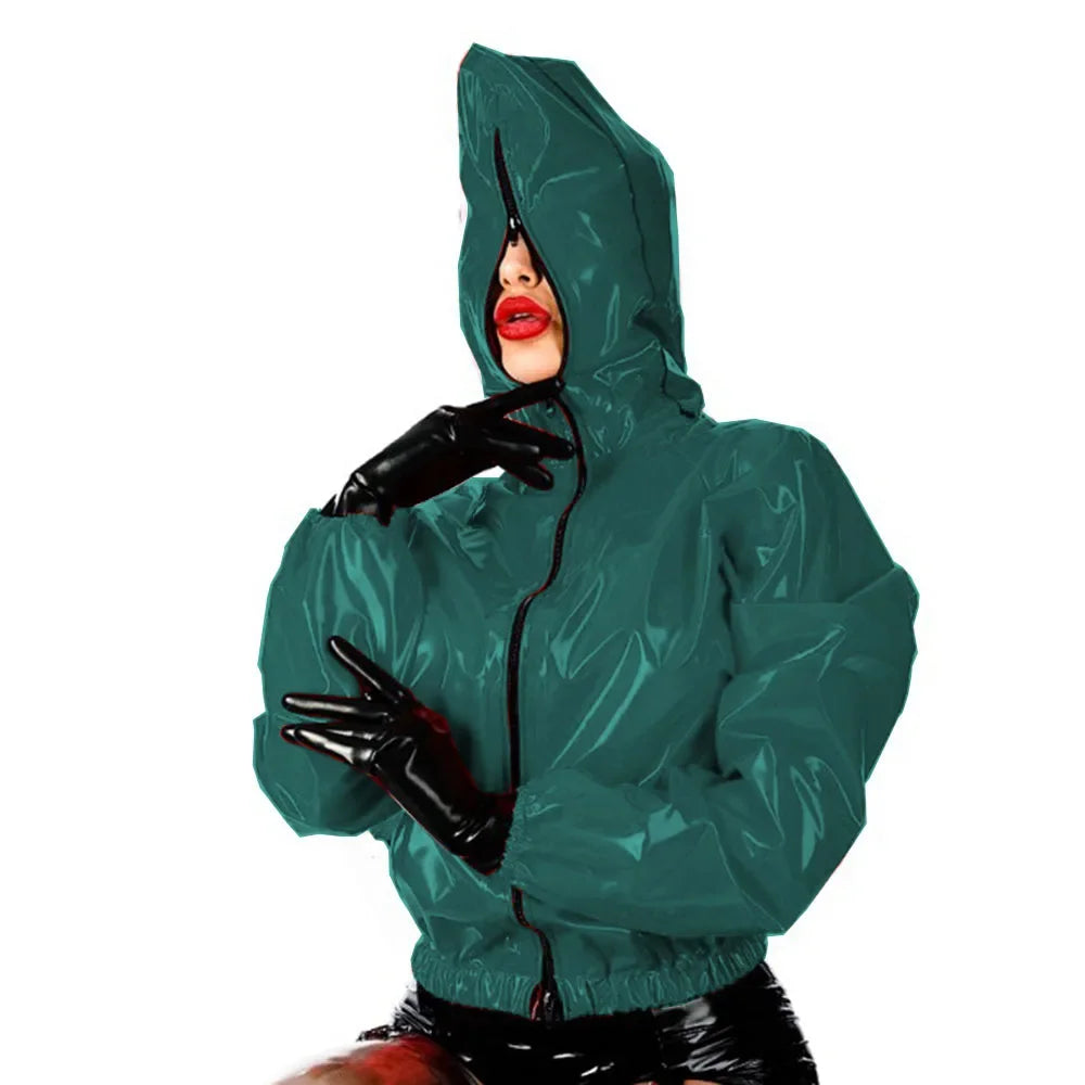 Maramalive Faux Leather PVC Hoodie: Casual Zippered Punk Style Long Sleeve Top for College and Fashion Size Plus Rubber