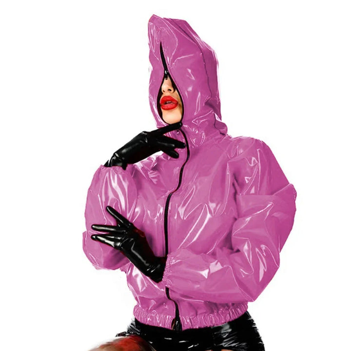 Maramalive Faux Leather PVC Hoodie Jacket Casual Zipper Punk Style Long Sleeve Top for College Fashion Plus Size Latex Rubber