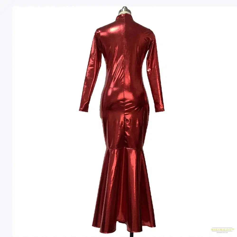 Maramalive High Neck Long Sleeve Shiny Metallic Mermaid Evening Gown: Bodycon Maxi Clubwear for Women