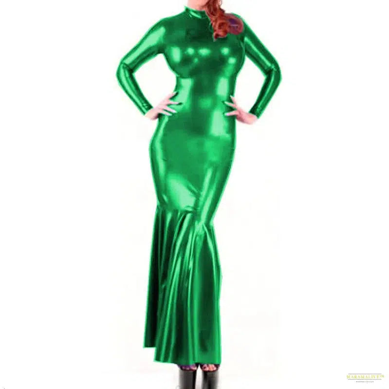 Maramalive High Neck Long Sleeve Shiny Metallic Mermaid Evening Gown: Bodycon Maxi Clubwear for Women