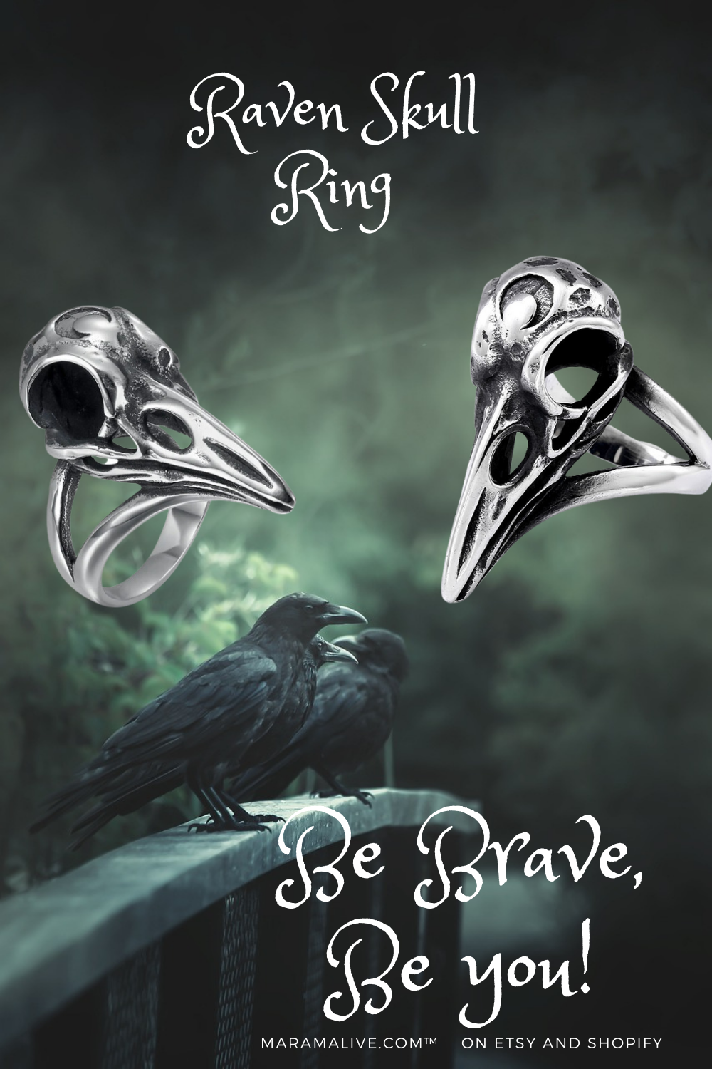 Beowulf Regalia Handcrafted Stainless Steel Raven Skull Ring, be brave, you. Maramalive™