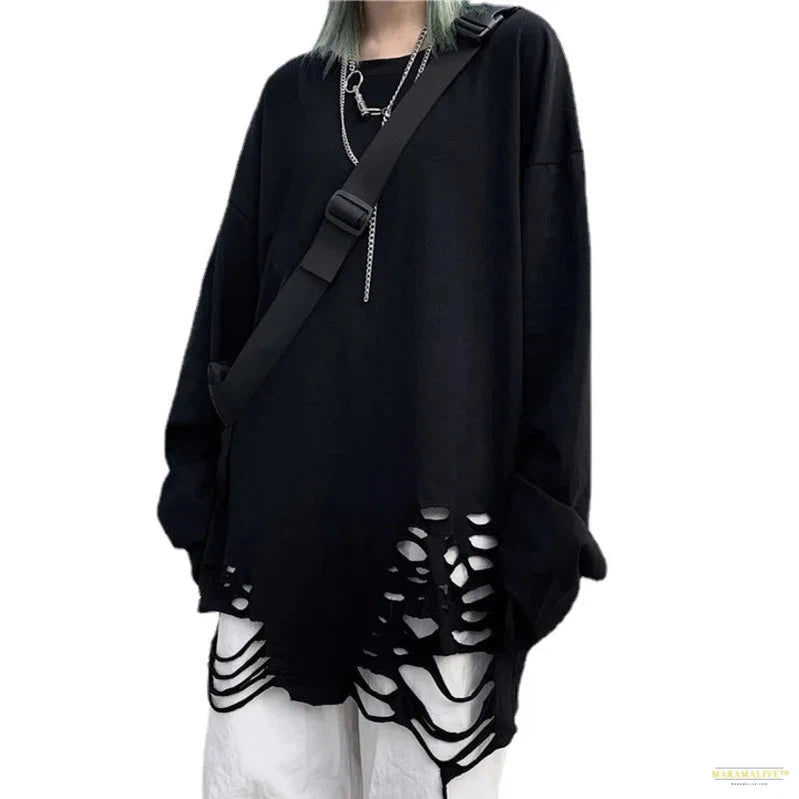 Maramalive™ 2024 Autumn Gothic Clothes Punk T-shirt Causal Loose Ripped Solid Oversized Tshirt Couples Harajuku Long Sleeve Streetwear