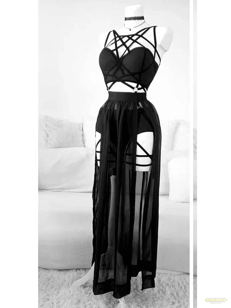 Maramalive™ 2024 Gothic Club Corsets Sexy Skirt Set See Through Mesh Backless Women Sleeveless Dark Crop Tops Bandage Underpants Skirt 3 pcs