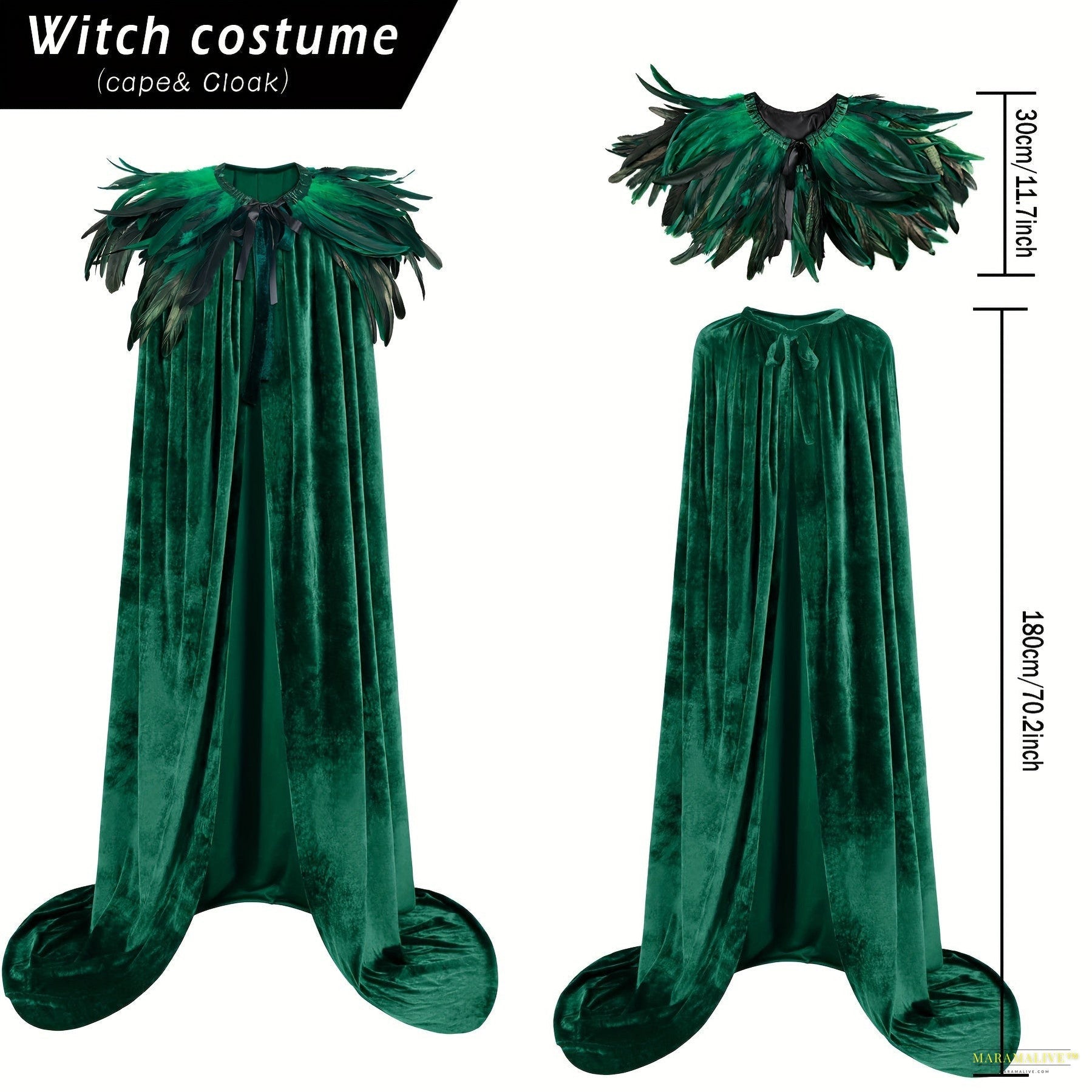 Maramalive™ 2pcs Halloween Velvet Cloak Set with Faux Feather Shawl - Long Witch Costume for Cosplay, Mardi Gras & Masquerade Parties