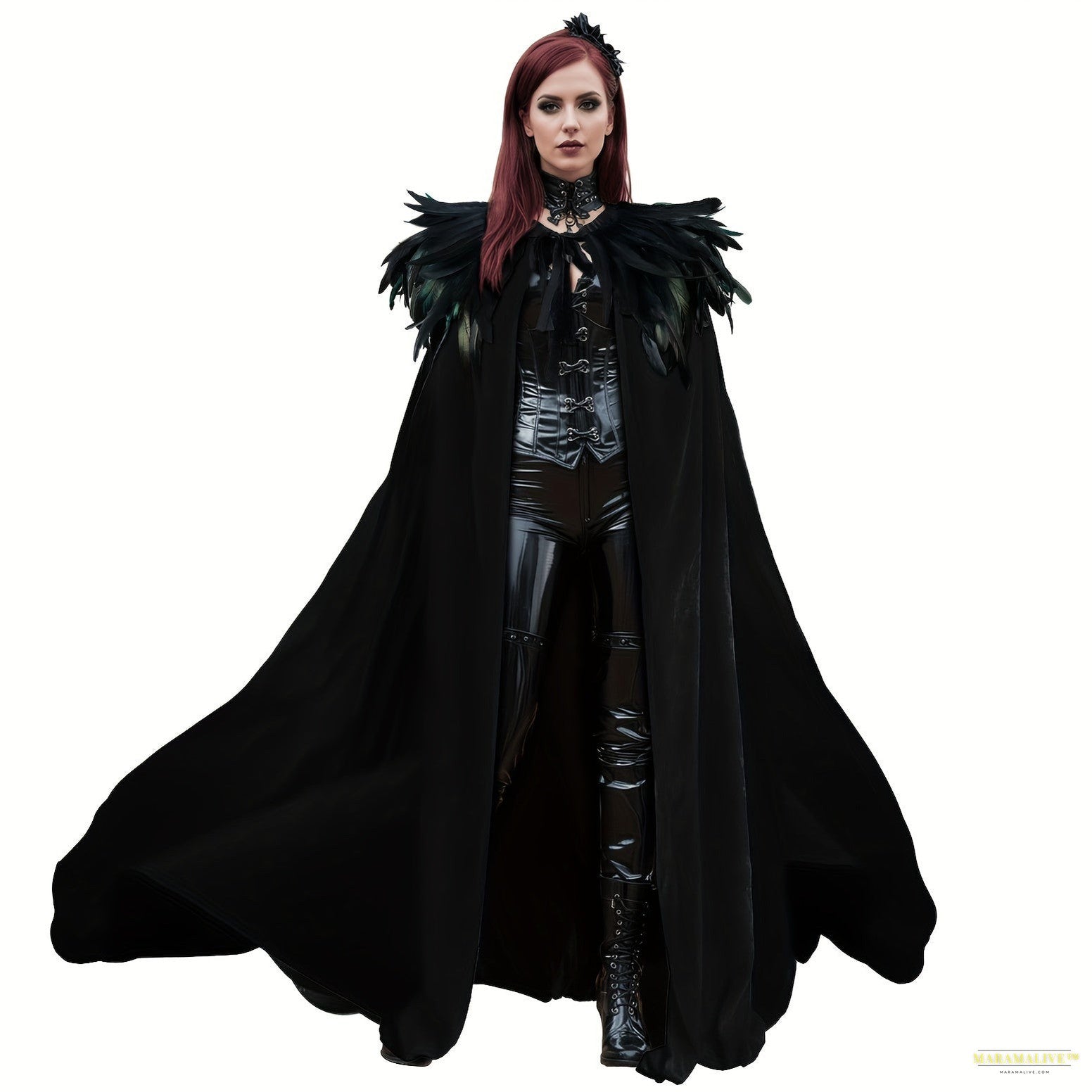 Maramalive™ 2pcs Halloween Velvet Cloak Set with Faux Feather Shawl - Long Witch Costume for Cosplay, Mardi Gras & Masquerade Parties