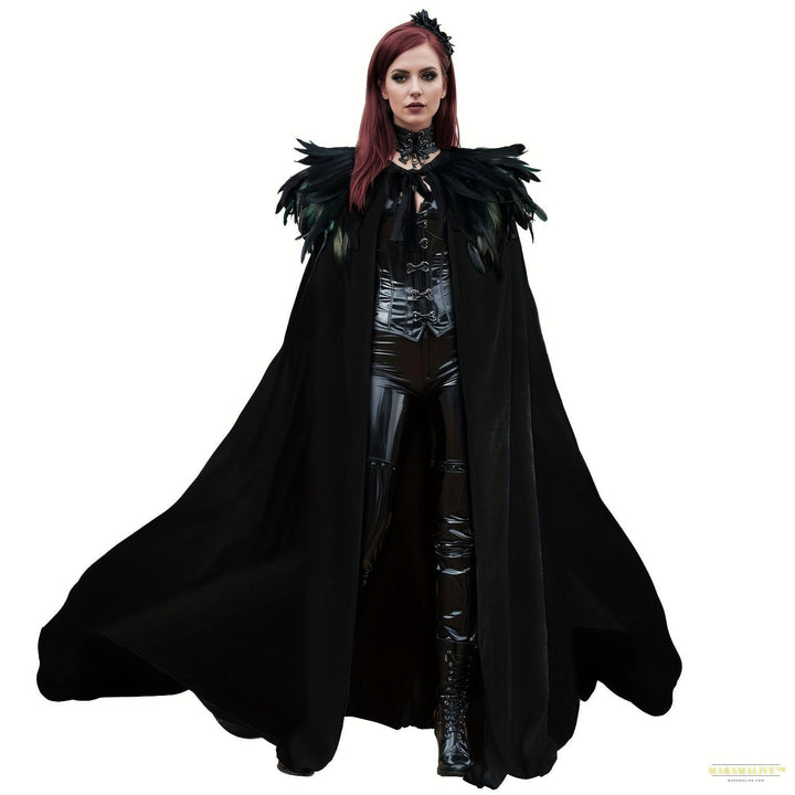 Maramalive™ 2pcs Halloween Velvet Cloak Set with Faux Feather Shawl - Long Witch Costume for Cosplay, Mardi Gras & Masquerade Parties