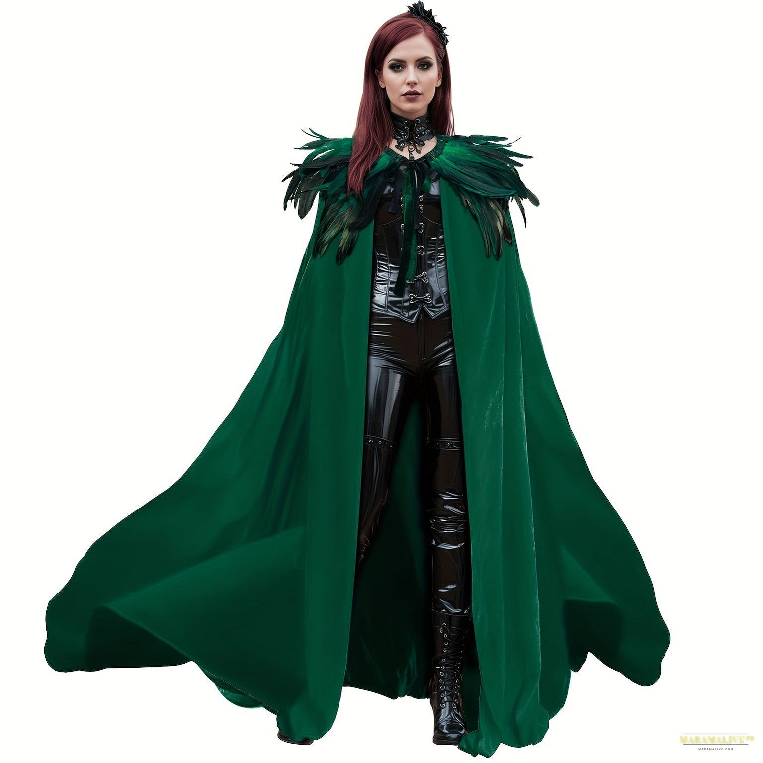 Maramalive™ 2pcs Halloween Velvet Cloak Set with Faux Feather Shawl - Long Witch Costume for Cosplay, Mardi Gras & Masquerade Parties