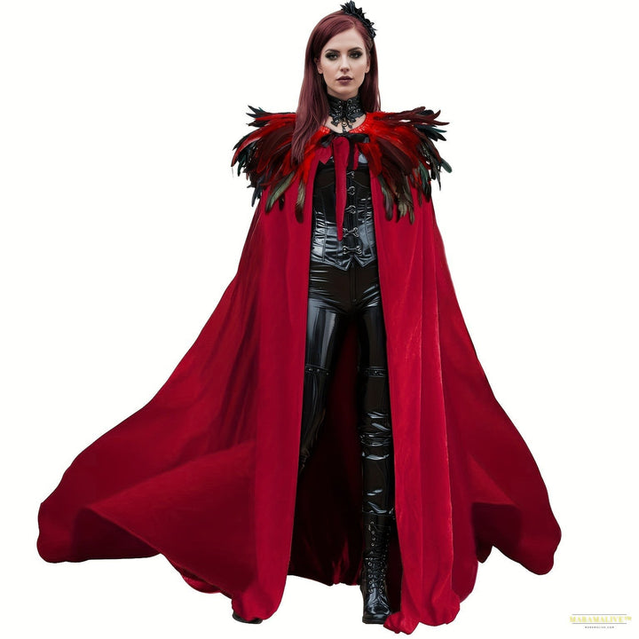 Maramalive™ 2pcs Halloween Velvet Cloak Set with Faux Feather Shawl - Long Witch Costume for Cosplay, Mardi Gras & Masquerade Parties