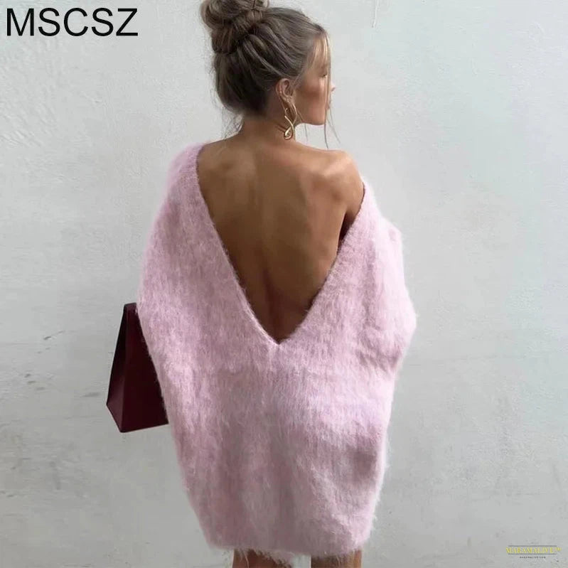 Maramalive™ Backless Sexy Sweaters For Women Pink Mohair Knitted Long Sweater Lantern Sleeve Oversized Sweater Pullover Autumn Winter