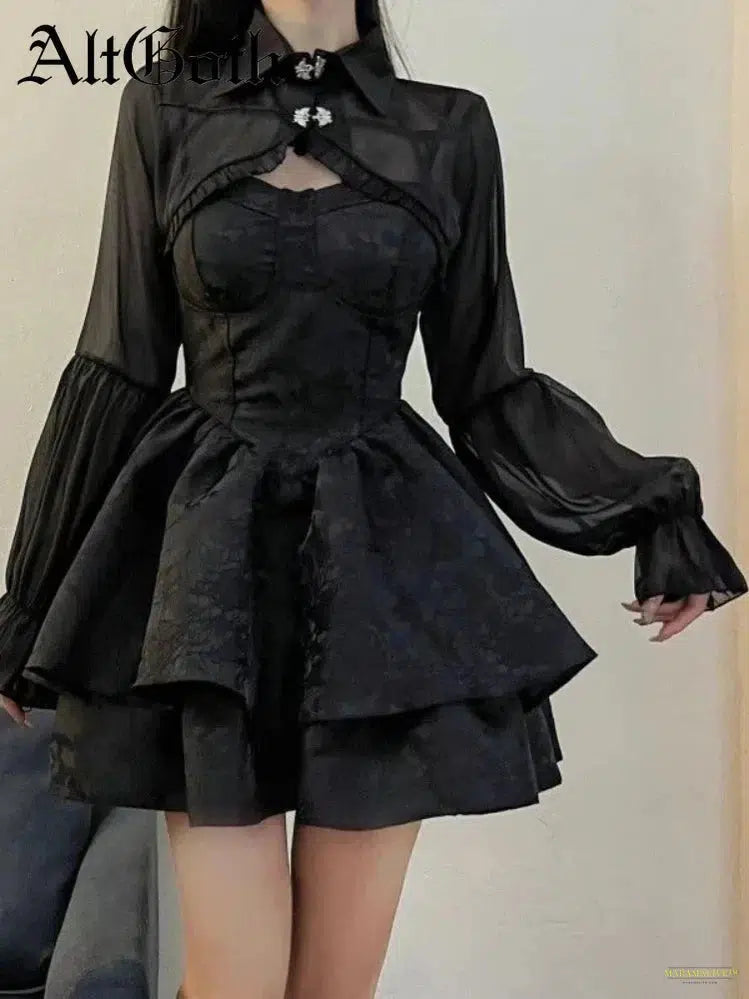 Maramalive™ Black Sexy Lolita Dress Women Gothic Vintage Mini Dresses Harajuku Halloween Cosplay Costumes Long Sleeve Fairy Dress