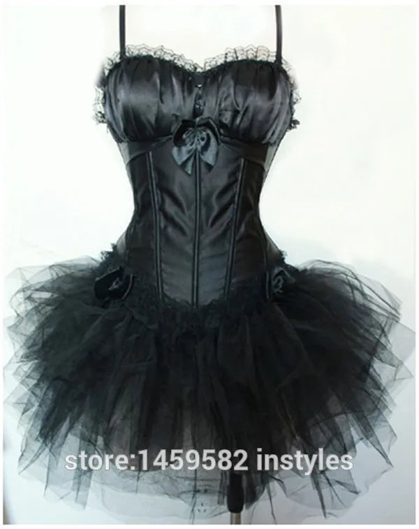 Maramalive™ Burlesque Black Lace Overbust Corset +Black Tutu Skirt With Bra Cups Plus Size S-6XL 2pcs