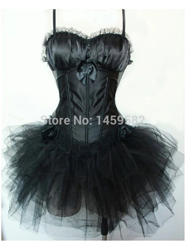 Maramalive™ Burlesque Black Lace Overbust Corset +Black Tutu Skirt With Bra Cups Plus Size S-6XL 2pcs