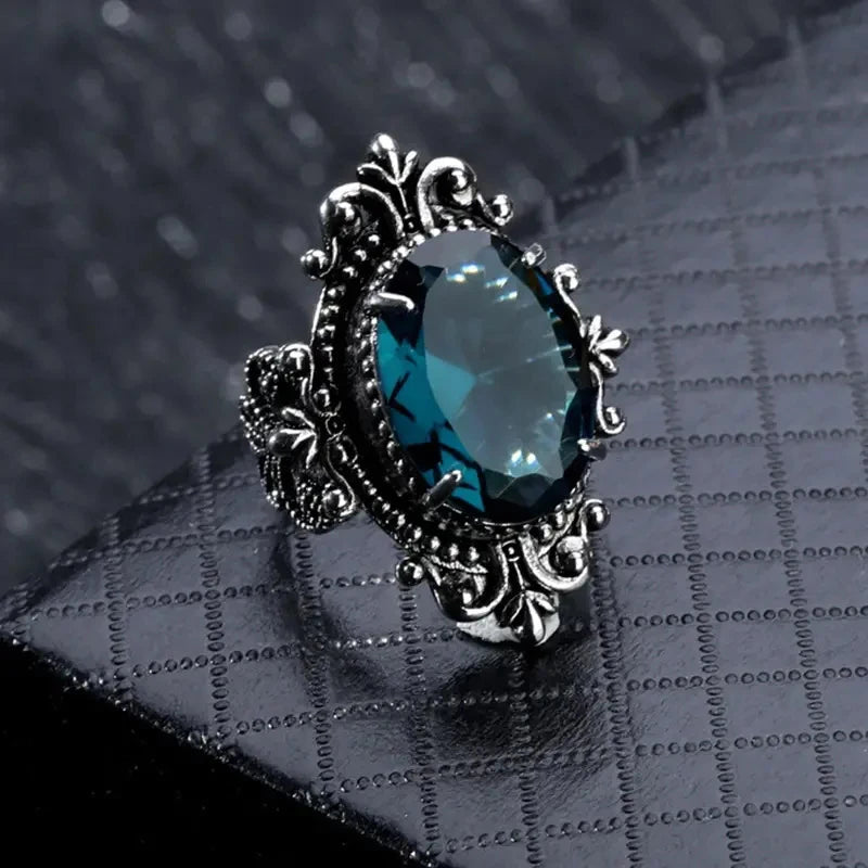 Maramalive™ Carved Pattern Vintage Women Rings with Oval Blue CZ Stone Retro Female Rings for Party Chic Anniversary Gift New Jewelry