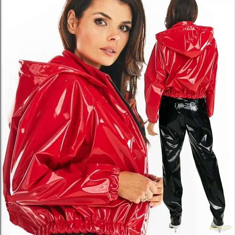 Maramalive™ Casual PVC Latex Leather Jacket Women Shiny Patent Leather Long Sleeve Short Coats Ladies Sweatshirts Coat Clubwear Loose Custom