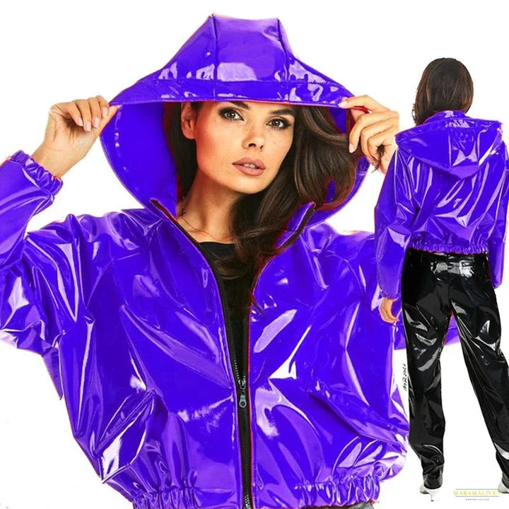 Maramalive™ Casual PVC Latex Leather Jacket Women Shiny Patent Leather Long Sleeve Short Coats Ladies Sweatshirts Coat Clubwear Loose Custom