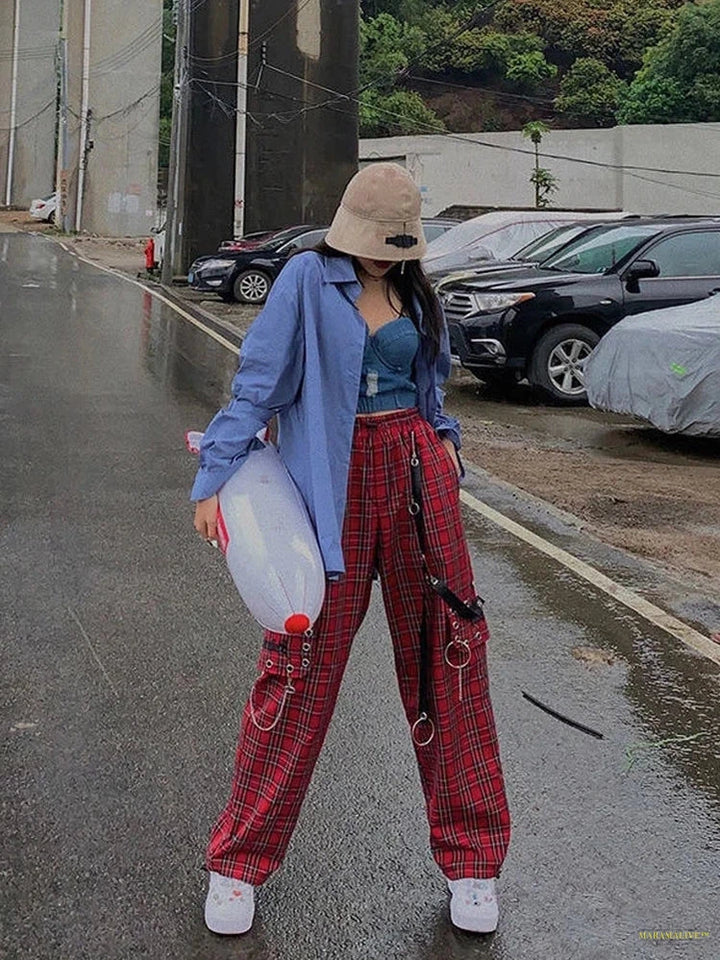 Maramalive™ Checked Trousers Women Japanese Streetwear Punk Cargo Pants Women Hippie Chain Harajuku Indie Y2K Aesthetic Hip Hop