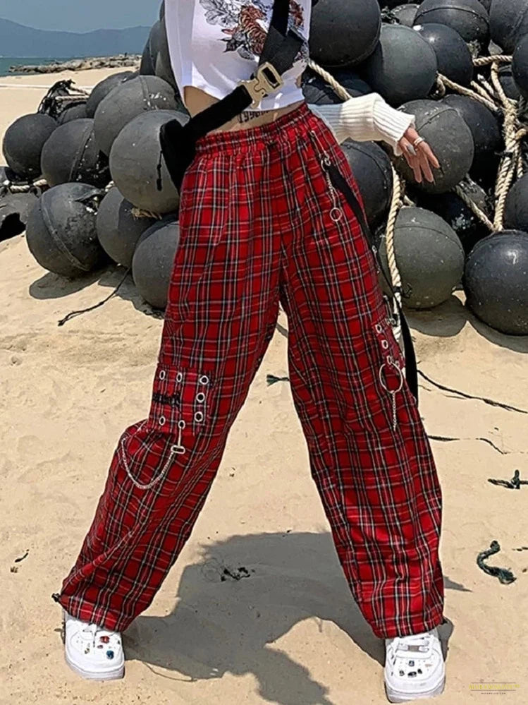 Maramalive™ Checked Trousers Women Japanese Streetwear Punk Cargo Pants Women Hippie Chain Harajuku Indie Y2K Aesthetic Hip Hop