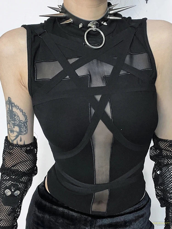 Maramalive™ Dark Cyberpunk Gothic Vest Women Streetwear Harajuku Sexy Emo Alt Cross Strap Short Sleeve O-neck Crop Tank Tops Female