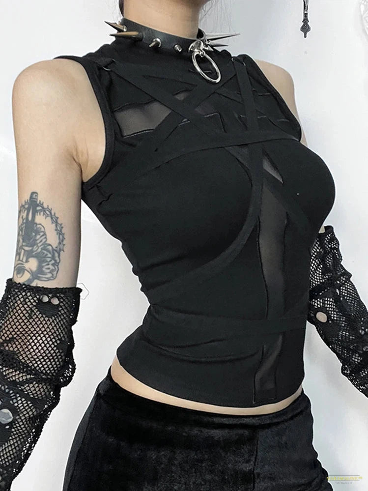 Maramalive™ Dark Cyberpunk Gothic Vest Women Streetwear Harajuku Sexy Emo Alt Cross Strap Short Sleeve O-neck Crop Tank Tops Female