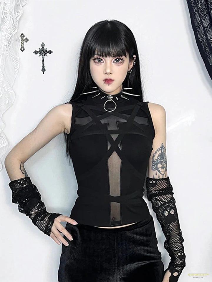 Maramalive™ Dark Cyberpunk Gothic Vest Women Streetwear Harajuku Sexy Emo Alt Cross Strap Short Sleeve O-neck Crop Tank Tops Female