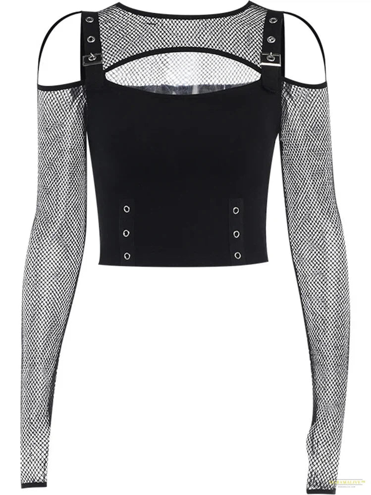 Maramalive™ Dark Fishnet Cut Out Women Sexy Halter T-shirts Mall Gothic Grunge Black Bandage Crop Tops Punk Open Shoulder Alt Clothing