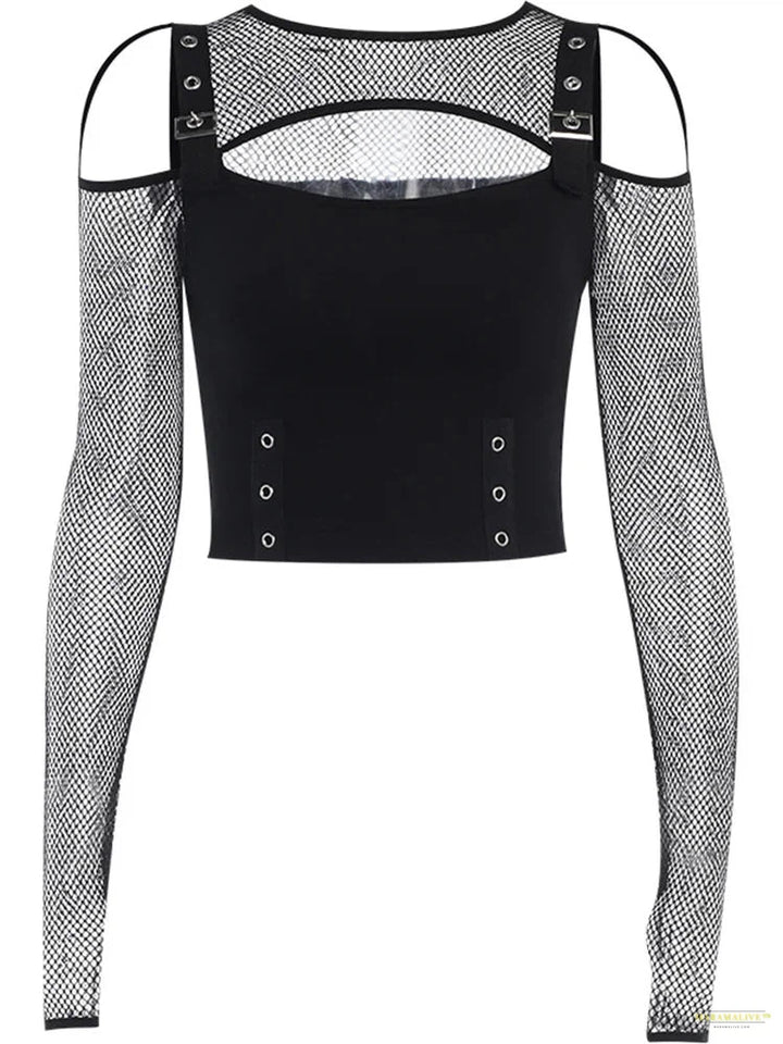 Maramalive™ Dark Fishnet Cut Out Women Sexy Halter T-shirts Mall Gothic Grunge Black Bandage Crop Tops Punk Open Shoulder Alt Clothing